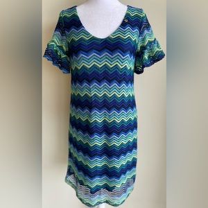 RINASCIMENTO KNITTED SUPER STRETCH DRESS, BLUE/GREEN/BLACK, SZ L